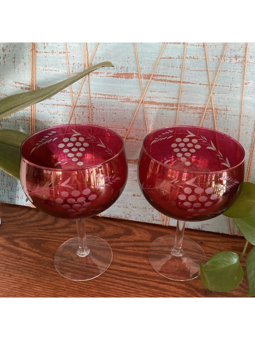 Cranberry Glass Cut To Clear Etched Grapes Balloon Wine Glasses 7.5” Set of 2
